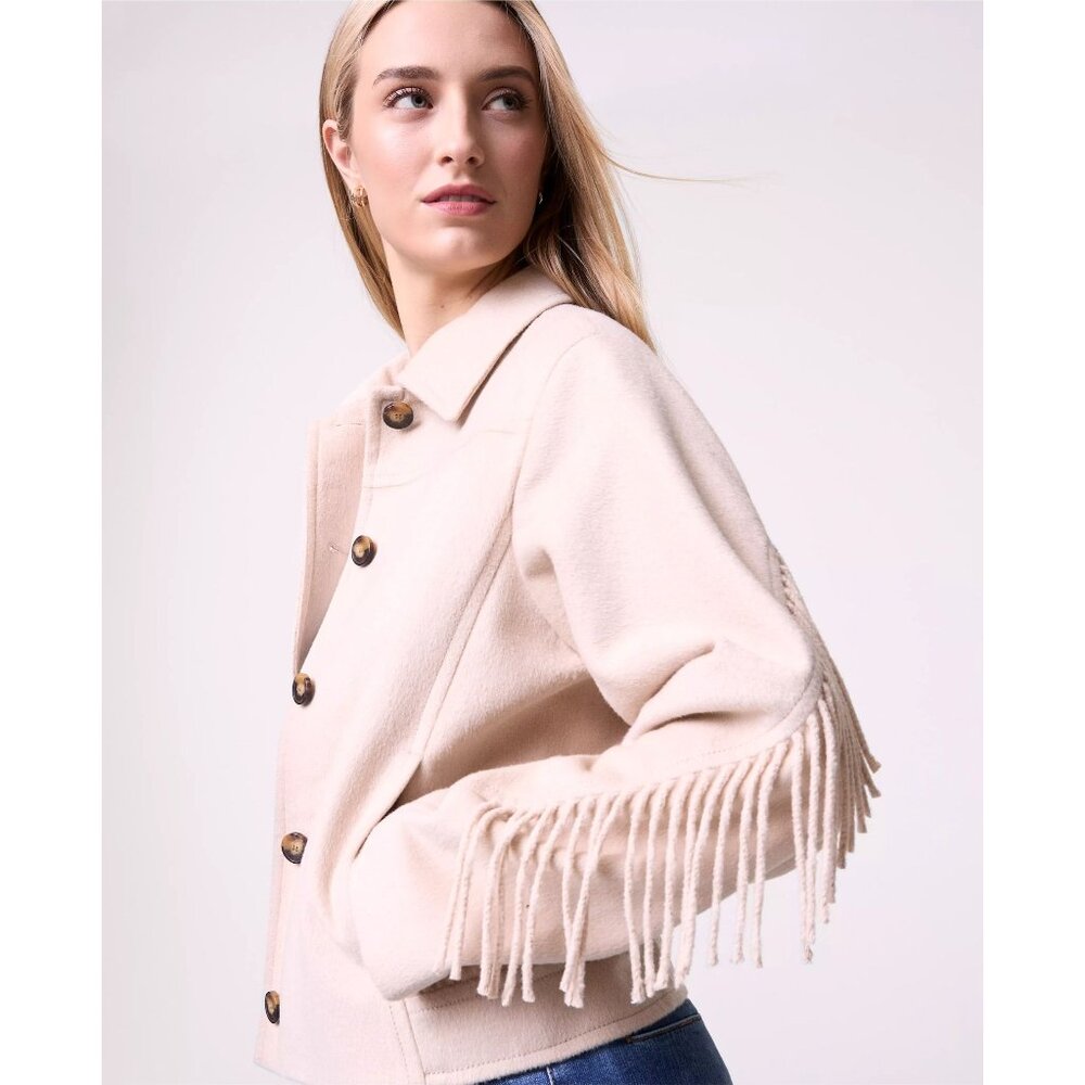 🆕ANN TAYLOR Fringe Bomber Jacket Wool Blend Lined Beige Medium